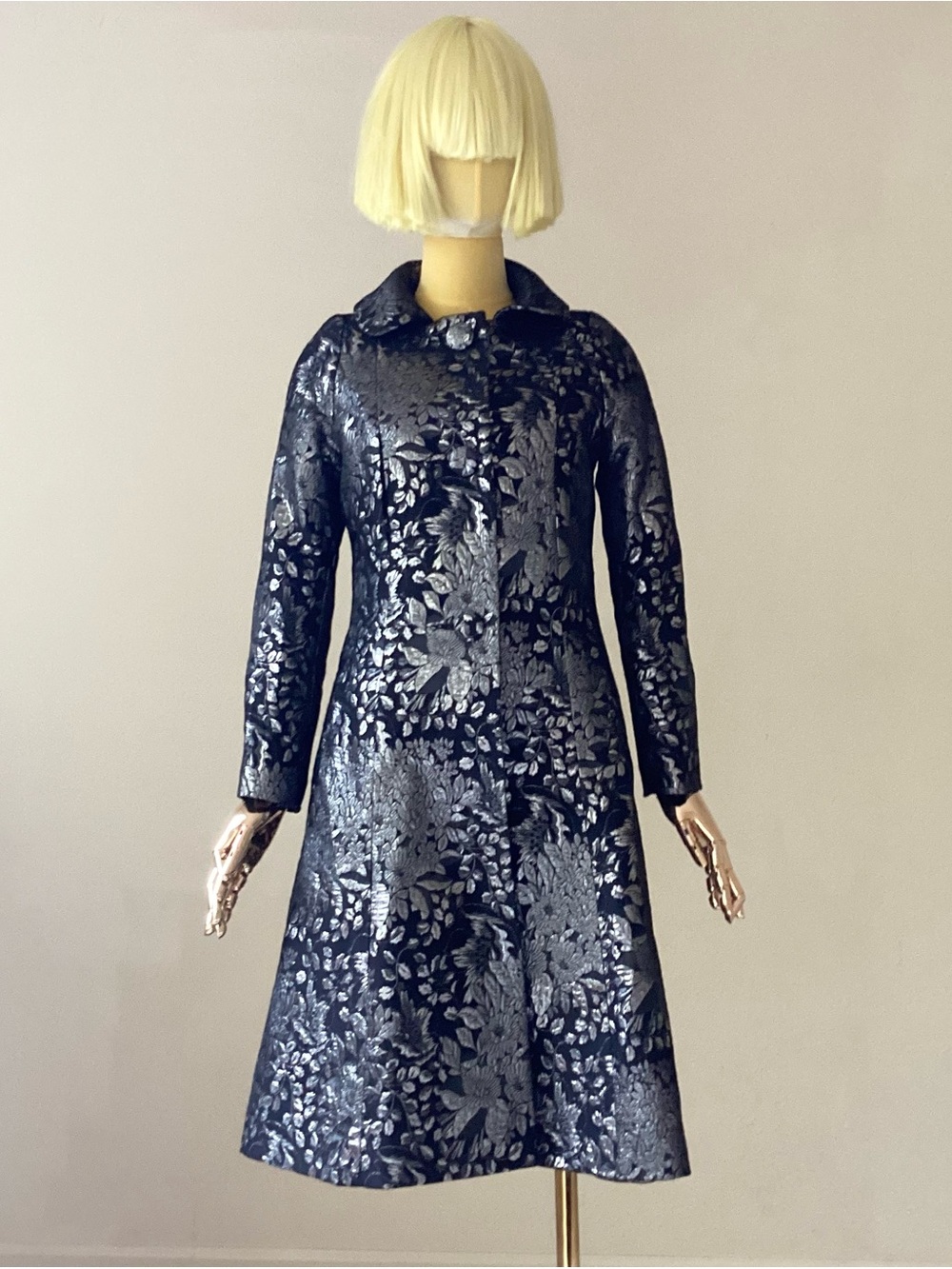 Opening Ceremony Navy Floral Metallic Brocade Trench Coat